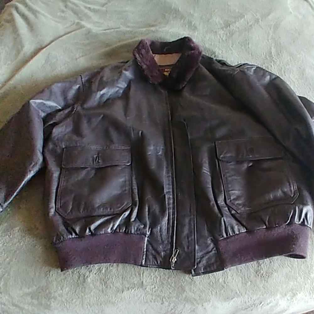Brown leather bomber jacket